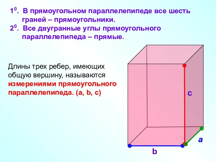 10. В прямоугольном параллелепипеде все шесть граней – прямоугольники. 20.