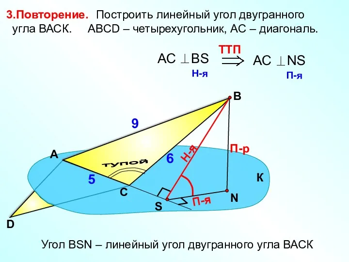 Построить линейный угол двугранного угла ВАСК. АВСD – четырехугольник, АС