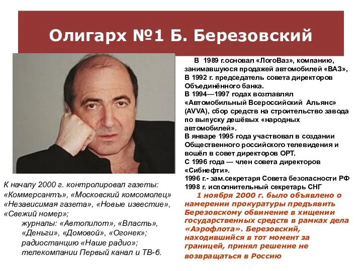 Олигарх №1 Б. Березовский В 1989 г.основал «ЛогоВаз», компанию, занимавшуюся