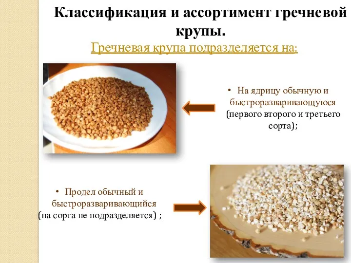 Классификация и ассортимент гречневой крупы. Гречневая крупа подразделяется на: Продел