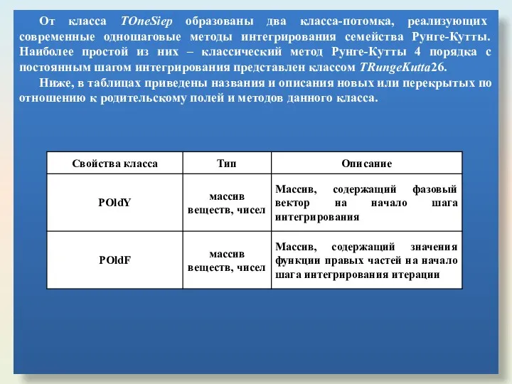 От класса TOneSiep образованы два класса-потомка, реализующих современные одношаговые методы