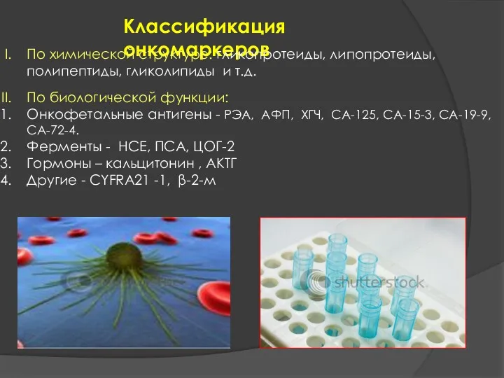 Классификация онкомаркеров По химической структуре: гликопротеиды, липопротеиды, полипептиды, гликолипиды и