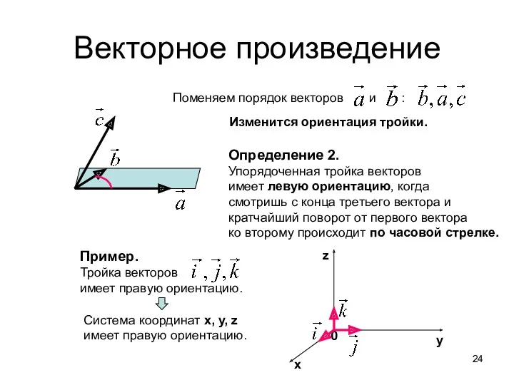 Векторное произведение Поменяем порядок векторов и : Изменится ориентация тройки. Определение 2. Упорядоченная