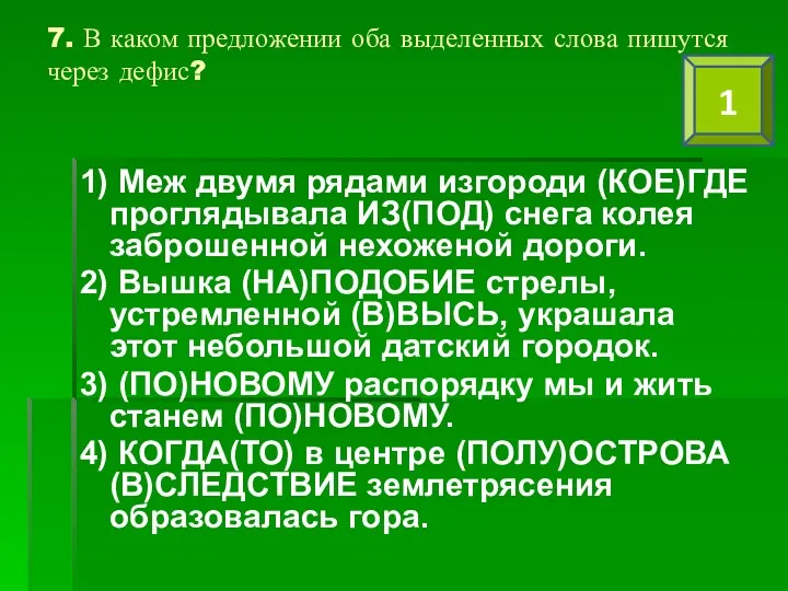 7. В каком предложении оба выделенных слова пишутся через дефис?