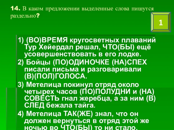 14. В каком предложении выделенные слова пишутся раздельно? 1) (ВО)ВРЕМЯ