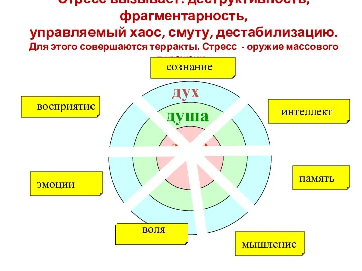 Стресс вызывает: деструктивность, фрагментарность, управляемый хаос, смуту, дестабилизацию. Для этого