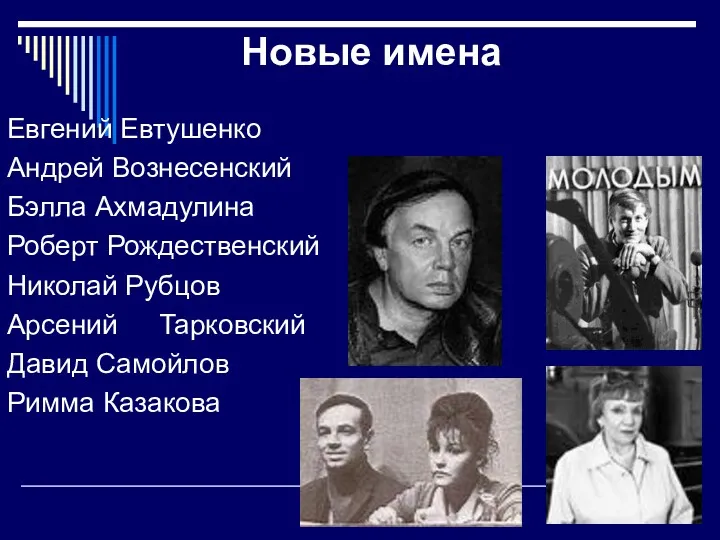 Новые имена Евгений Евтушенко Андрей Вознесенский Бэлла Ахмадулина Роберт Рождественский