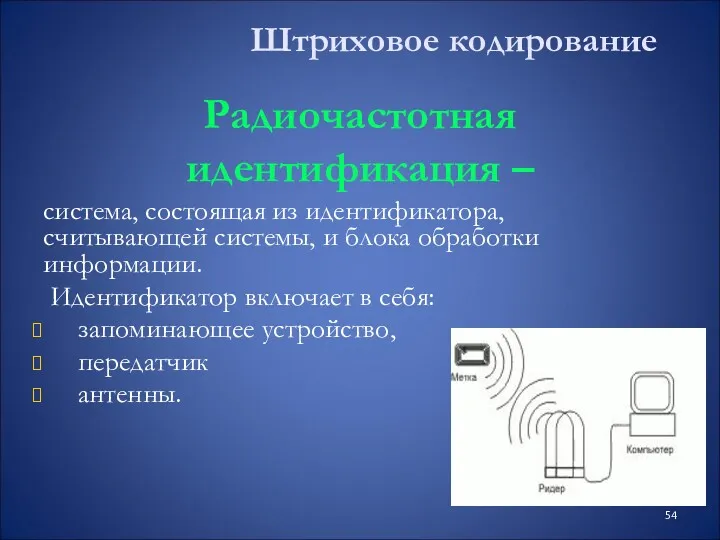 Штриховое кодирование Радиочастотная идентификация – система, состоящая из идентификатора, считывающей