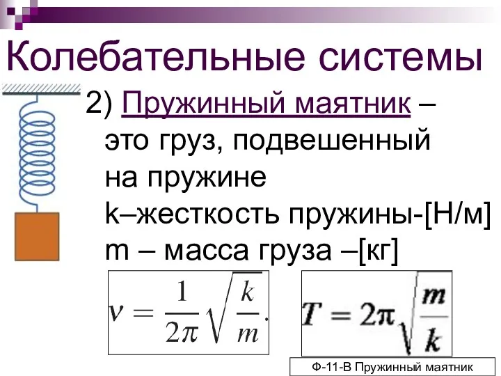 Колебательные системы 2) Пружинный маятник – это груз, подвешенный на