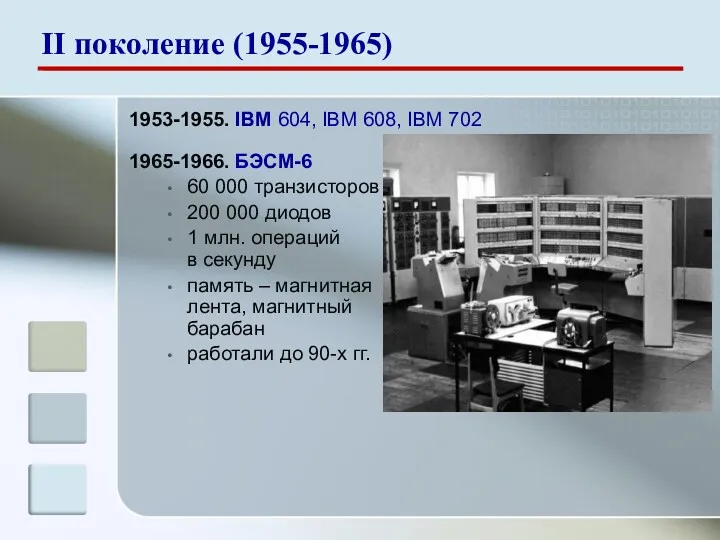 1953-1955. IBM 604, IBM 608, IBM 702 1965-1966. БЭСМ-6 60