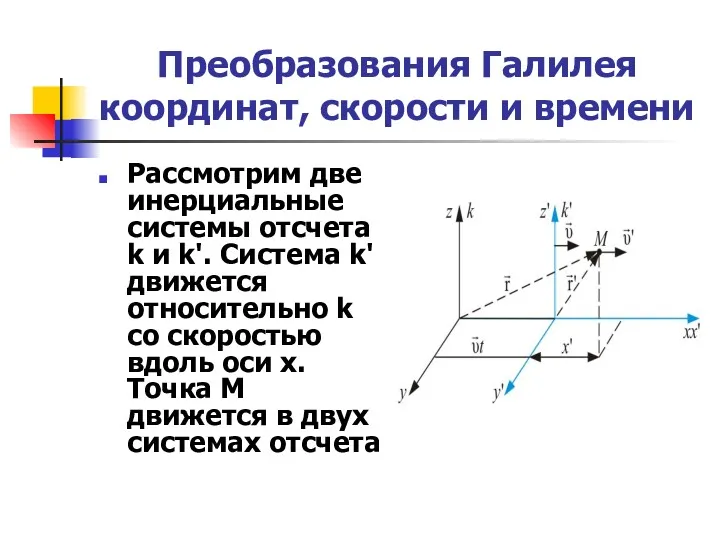 Преобразования Галилея координат, скорости и времени Рассмотрим две инерциальные системы