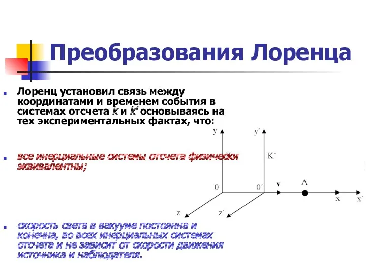 Преобразования Лоренца Лоренц установил связь между координатами и временем события