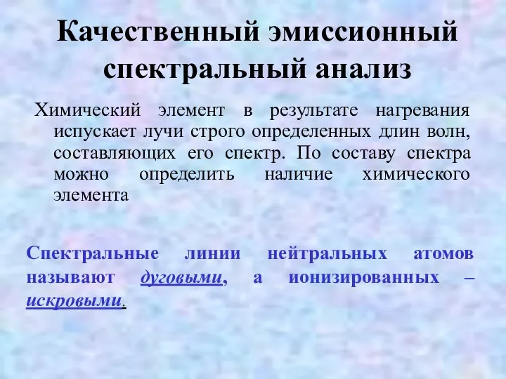 Качественный эмиссионный спектральный анализ Химический элемент в результате нагревания испускает