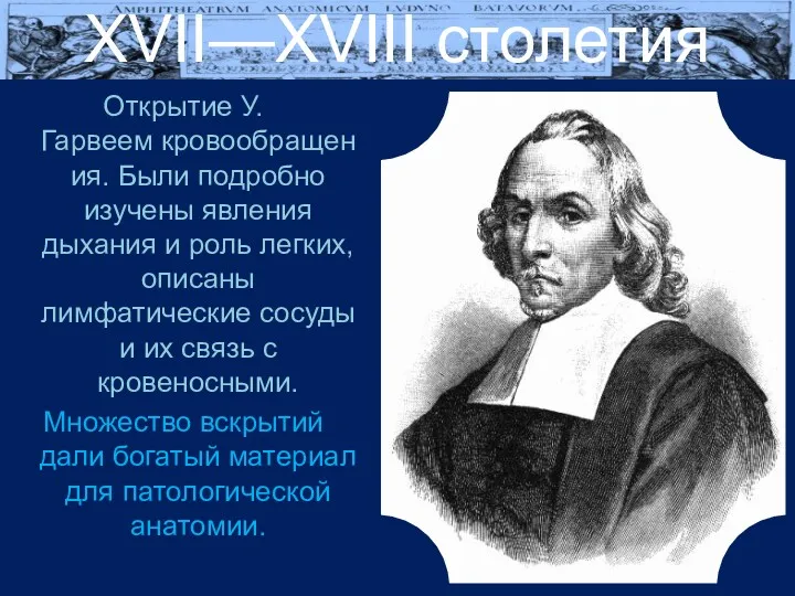 XVII—XVIII столетия Открытие У. Гарвеем кровообращения. Были подробно изучены явления