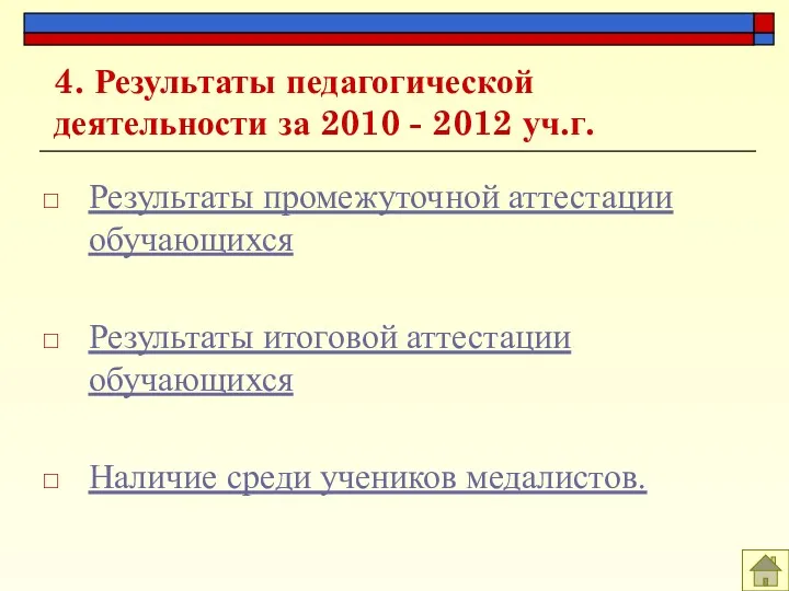 4. Результаты педагогической деятельности за 2010 - 2012 уч.г. Результаты