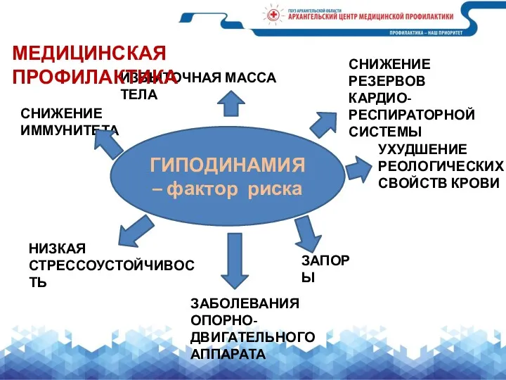 ГИПОДИНАМИЯ – фактор риска УХУДШЕНИЕ РЕОЛОГИЧЕСКИХ СВОЙСТВ КРОВИ ИЗБЫТОЧНАЯ МАССА