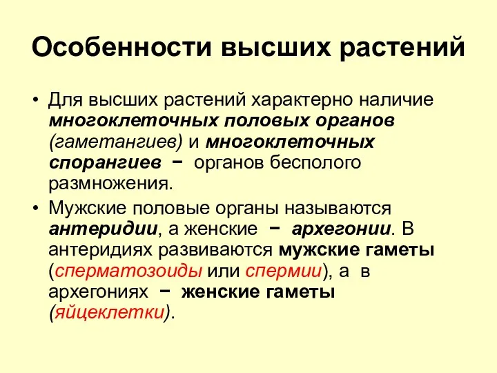 Особенности высших растений Для высших растений характерно наличие многоклеточных половых