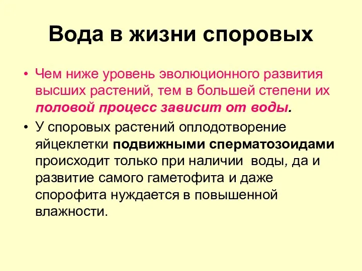 Вода в жизни споровых Чем ниже уровень эволюционного развития высших