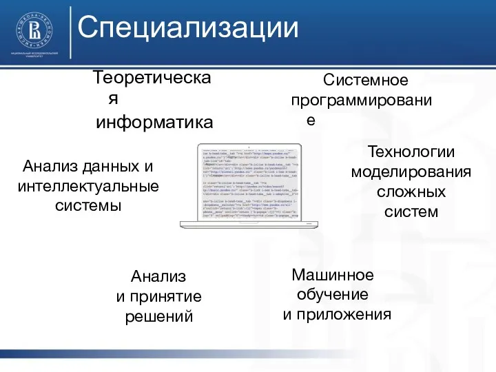 Специализации Теоретическая информатика Анализ данных и интеллектуальные системы Машинное обучение