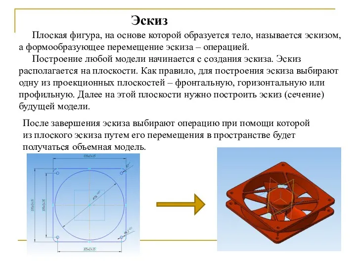 Плоская фигура, на основе которой образуется тело, называется эскизом, а