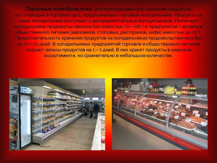 Торговые холодильники. Для кратковременного хранения продуктов, поступающих в торговую сеть,