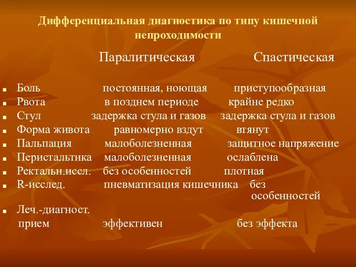 Дифференциальная диагностика по типу кишечной непроходимости Паралитическая Спастическая Боль постоянная,