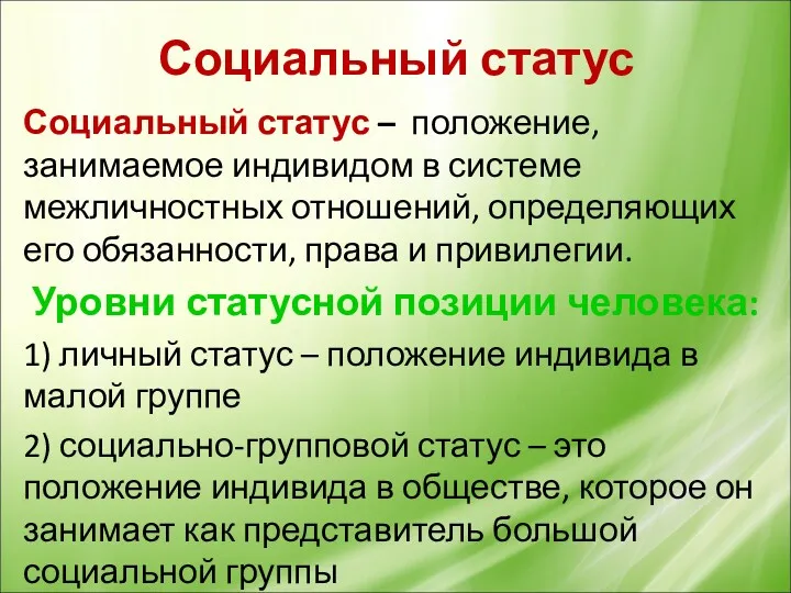 Социальный статус Социальный статус – положение, занимаемое индивидом в системе