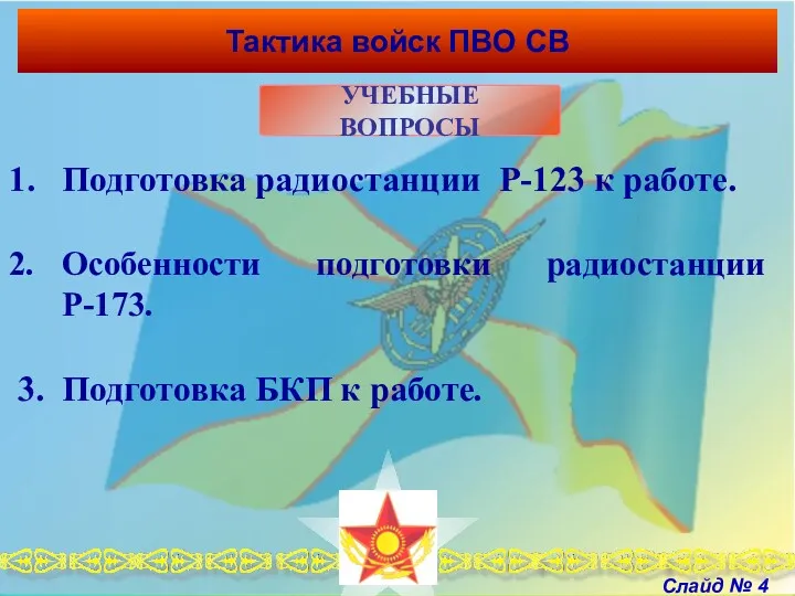 Тактика войск ПВО СВ УЧЕБНЫЕ ВОПРОСЫ Подготовка радиостанции Р-123 к