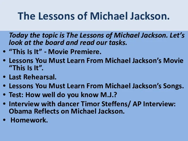 The Lessons of Michael Jackson. Today the topic is The Lessons of Michael