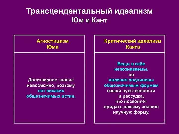 Трансцендентальный идеализм Юм и Кант Агностицизм Юма Критический идеализм Канта