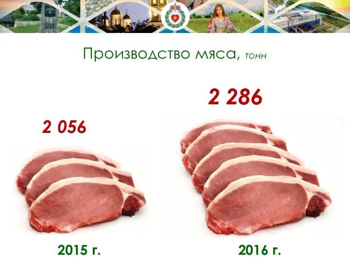 Производство мяса, тонн 2 056 2 286 2015 г. 2016 г.