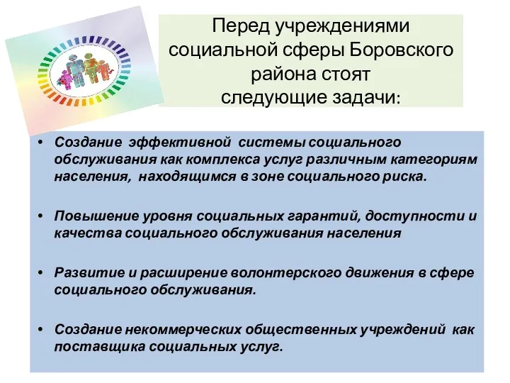 Перед учреждениями социальной сферы Боровского района стоят следующие задачи: Создание