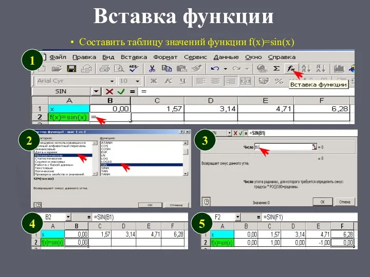 Вставка функции 1 2 3 5 4 Составить таблицу значений функции f(x)=sin(x)