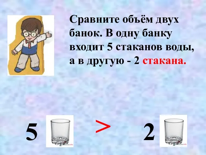 Сравните объём двух банок. В одну банку входит 5 стаканов