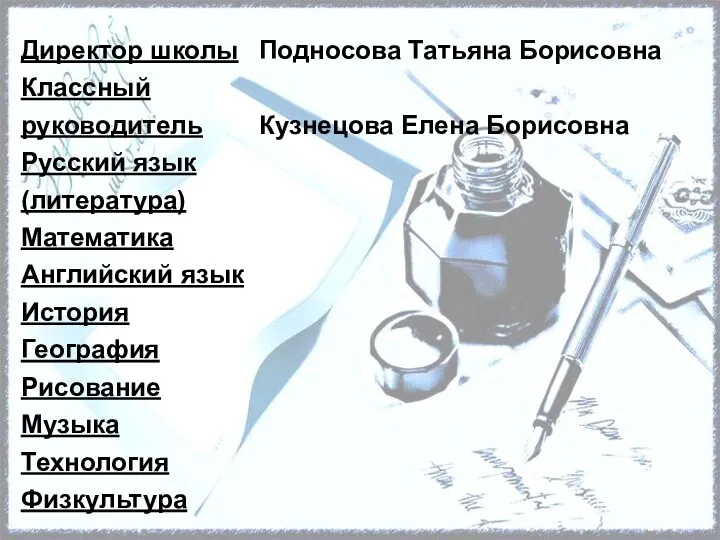 Директор школы Подносова Татьяна Борисовна Классный руководитель Кузнецова Елена Борисовна