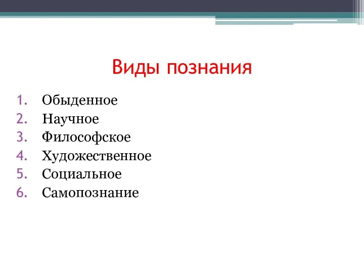 Виды познания Обыденное Научное Философское Художественное Социальное Самопознание