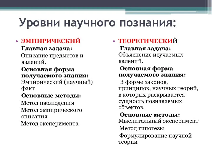 Уровни научного познания: ЭМПИРИЧЕСКИЙ Главная задача: Описание предметов и явлений.