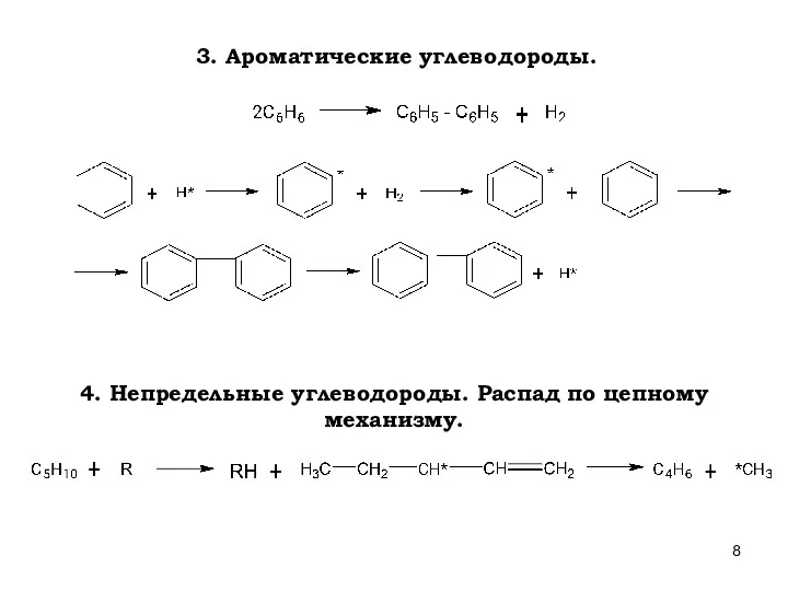 3. Ароматические углеводороды. 4. Непредельные углеводороды. Распад по цепному механизму.