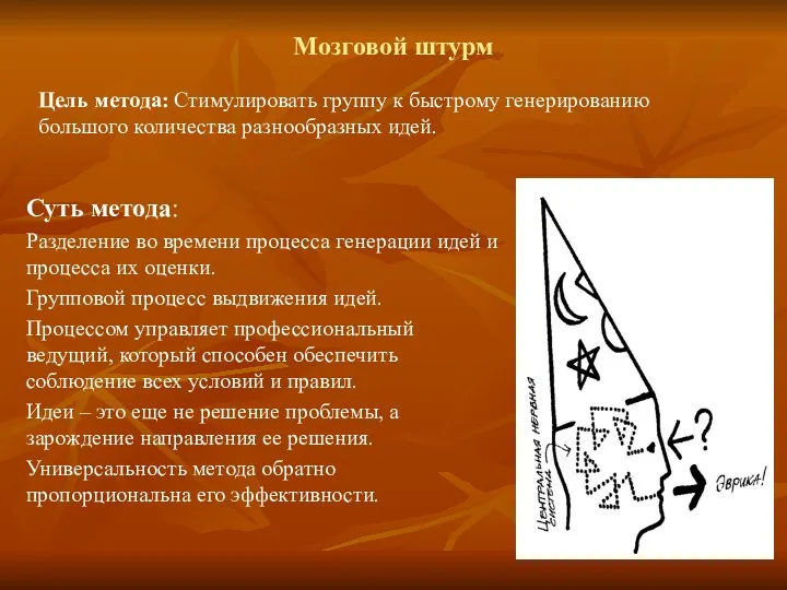 Мозговой штурм Цель метода: Стимулировать группу к быстрому генерированию большого