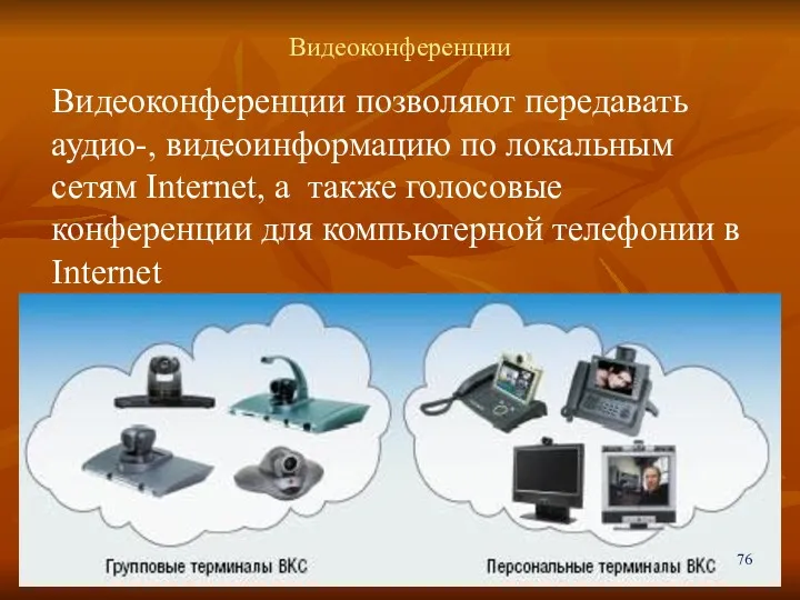 Видеоконференции Видеоконференции позволяют передавать аудио-, видеоинформацию по локальным сетям Internet,