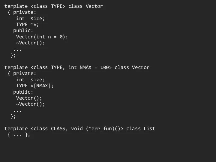 template class Vector { private: int size; TYPE *v; public: