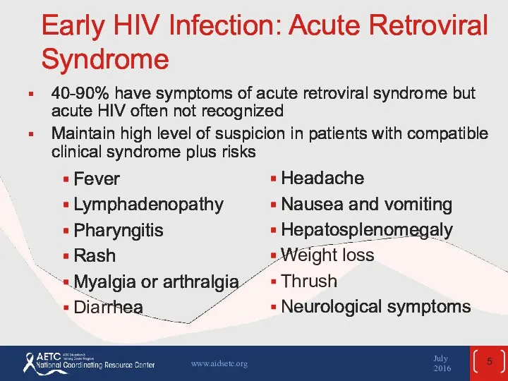 Early HIV Infection: Acute Retroviral Syndrome Fever Lymphadenopathy Pharyngitis Rash