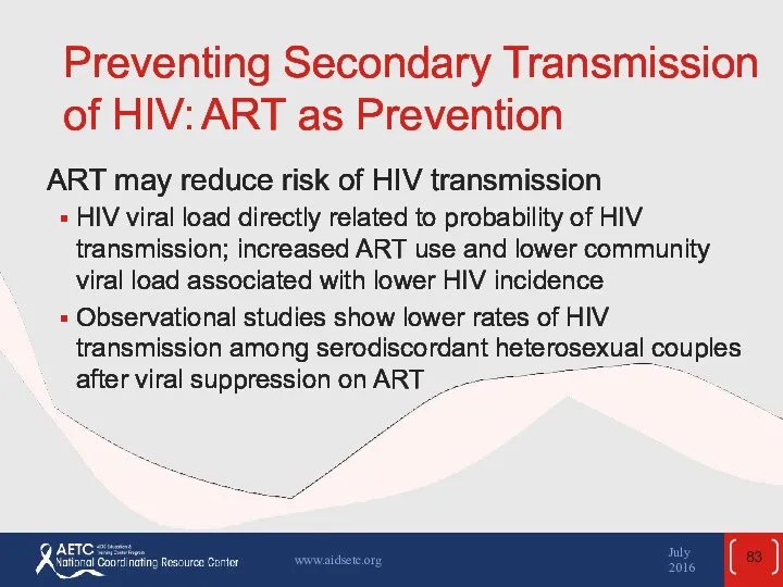 Preventing Secondary Transmission of HIV: ART as Prevention ART may
