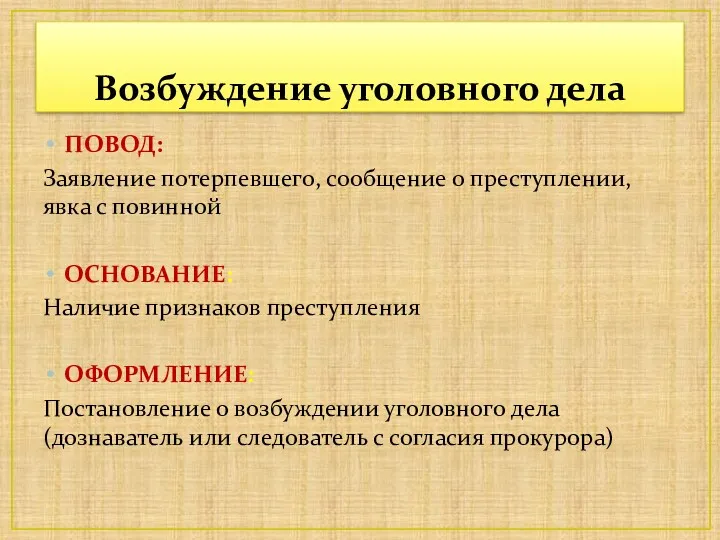 Возбуждение уголовного дела ПОВОД: Заявление потерпевшего, сообщение о преступлении, явка с повинной ОСНОВАНИЕ: