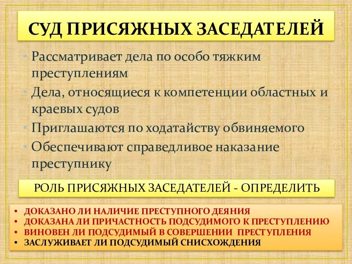 СУД ПРИСЯЖНЫХ ЗАСЕДАТЕЛЕЙ Рассматривает дела по особо тяжким преступлениям Дела, относящиеся к компетенции