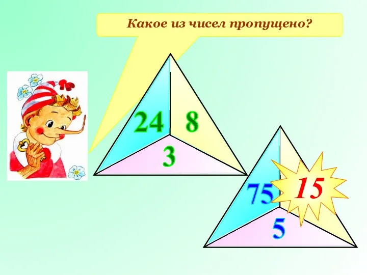 Какое из чисел пропущено? 24 8 3 75 5 ? 15