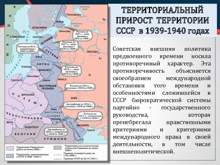 ТЕРРИТОРИАЛЬНЫЙ ПРИРОСТ ТЕРРИТОРИИ СССР в 1939-1940 годах Советская внешняя политика