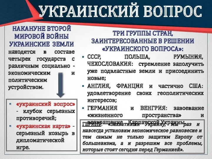 УКРАИНСКИЙ ВОПРОС «украинский вопрос» - клубок серьезных противоречий; «украинская карта»