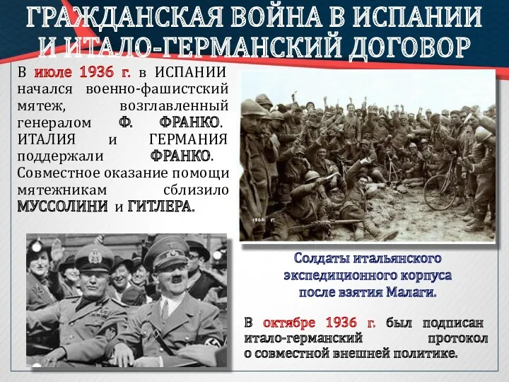 ГРАЖДАНСКАЯ ВОЙНА В ИСПАНИИ И ИТАЛО-ГЕРМАНСКИЙ ДОГОВОР В июле 1936