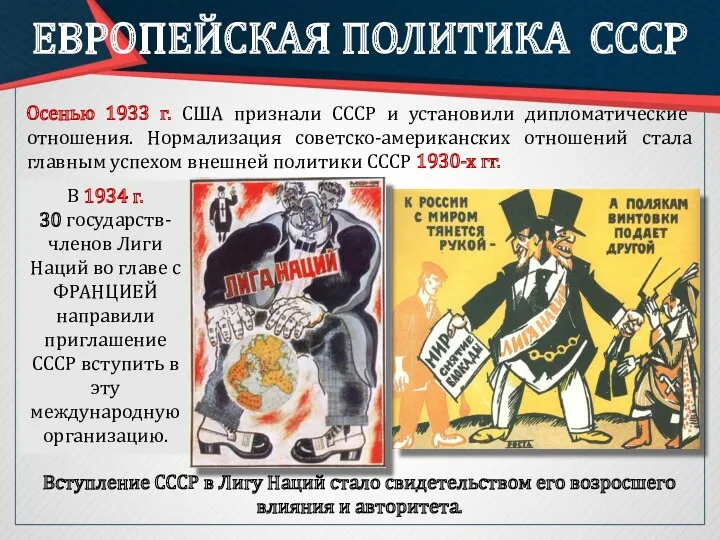 ЕВРОПЕЙСКАЯ ПОЛИТИКА СССР Осенью 1933 г. США признали СССР и